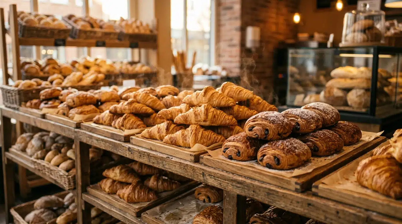 Viennoiseries fraîches exposées en rayon de boulangerie
