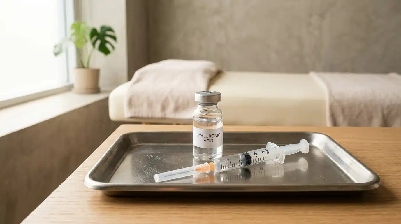 Seringue et flacon d'acide hyaluronique en clinique