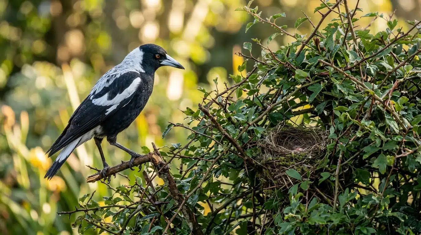 Pie observant un nid caché dans une haie