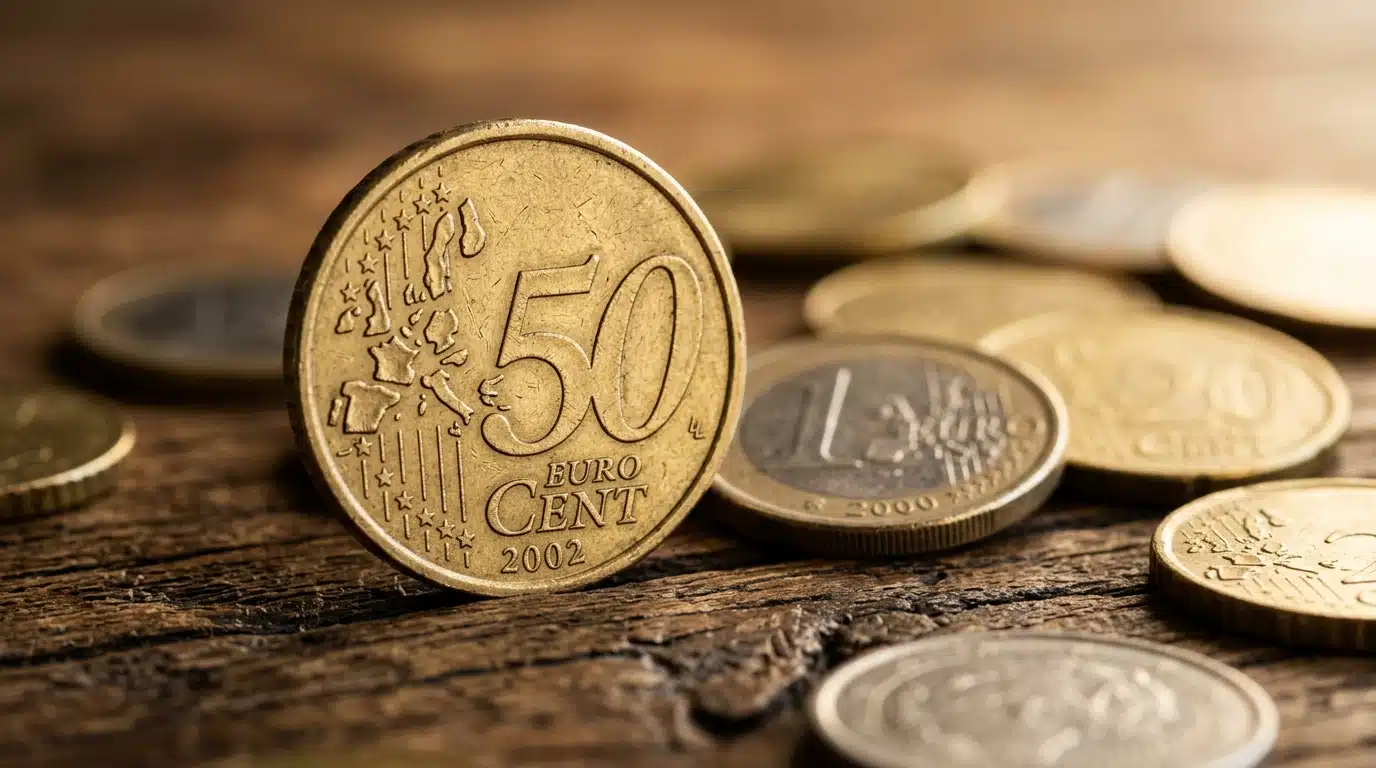 Pièce de 50 centimes d'euro datée 2002 en gros plan