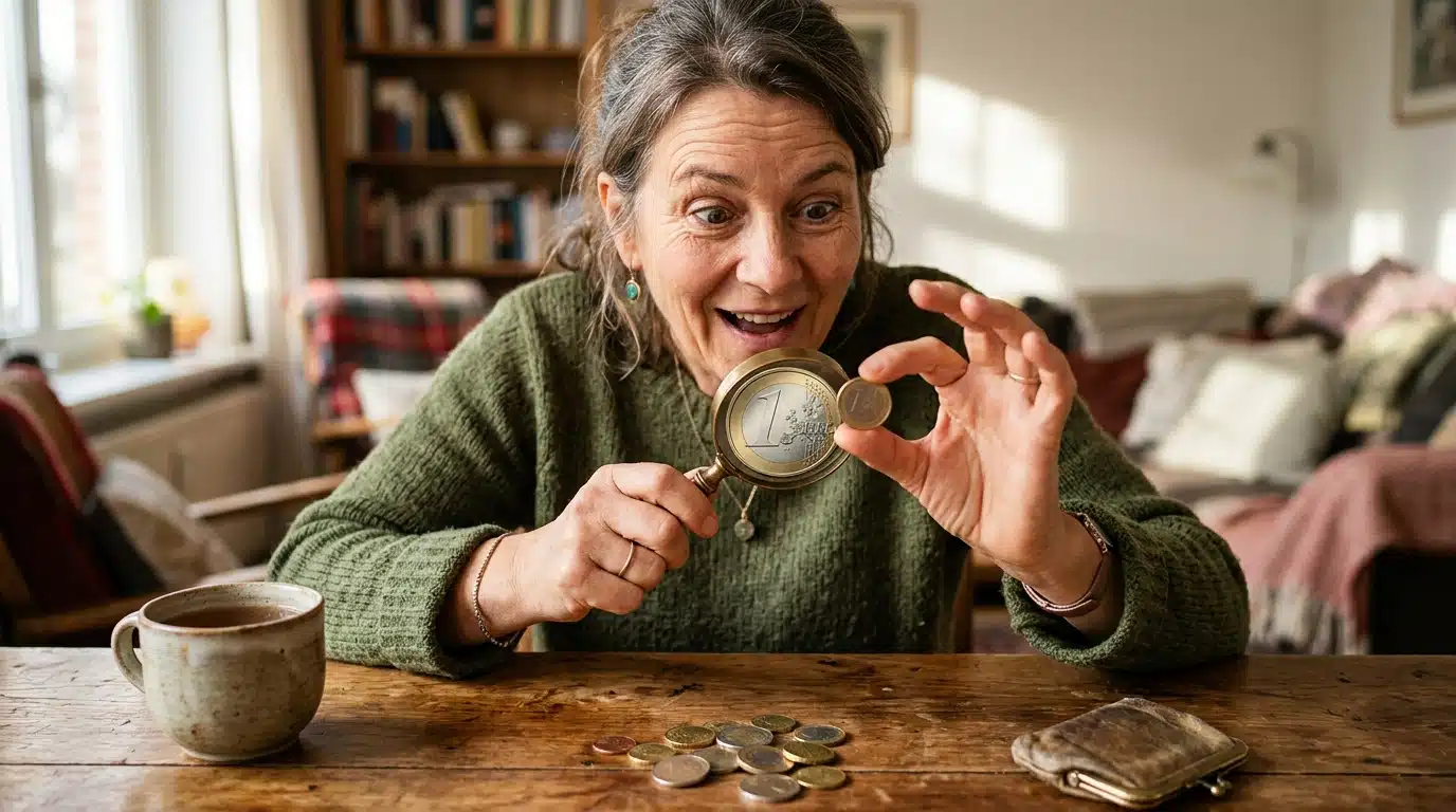 Personne examinant une pièce de monnaie à la loupe