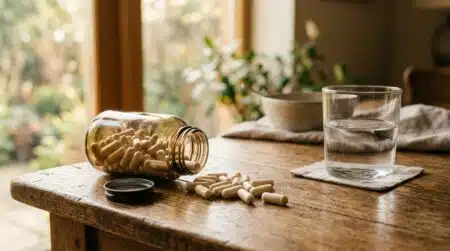 Flacon de gélules de glucosamine renversé sur une table