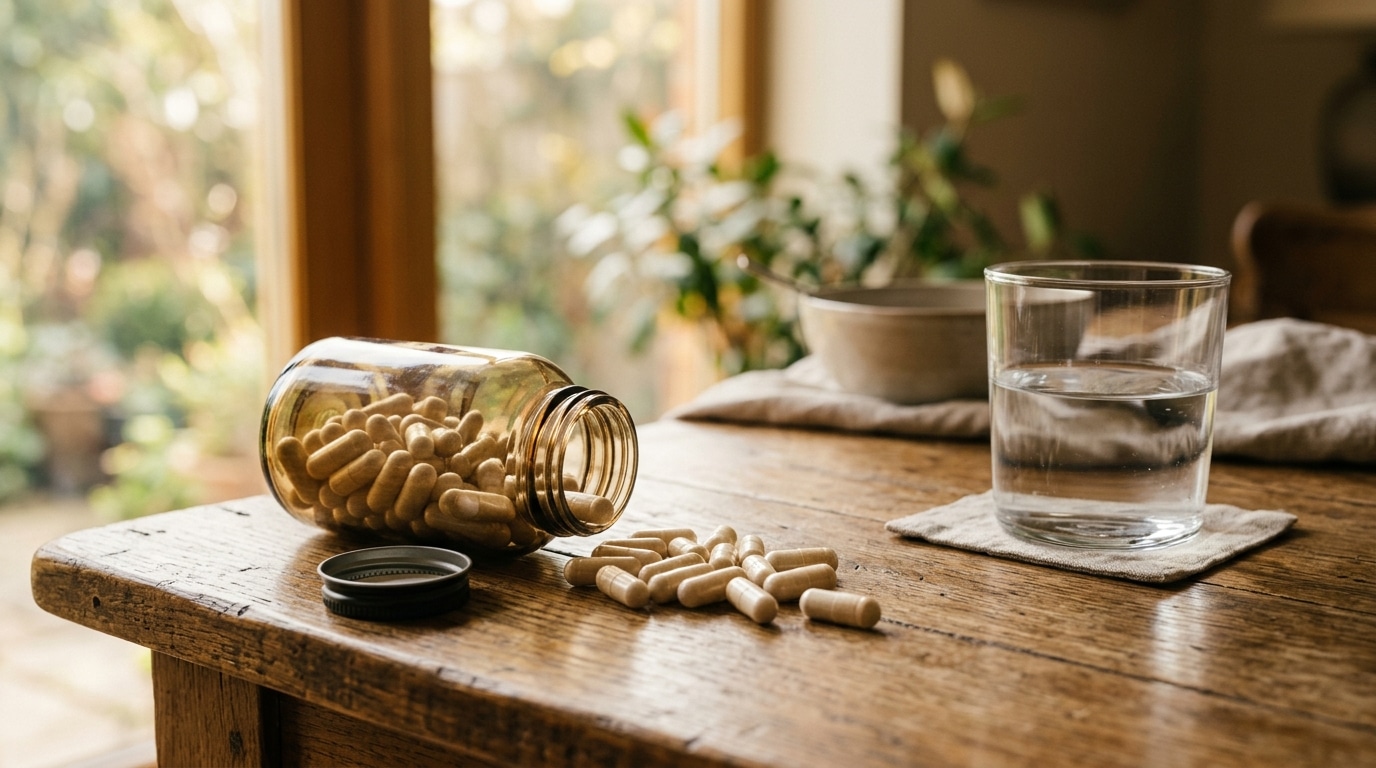 Flacon de gélules de glucosamine renversé sur une table