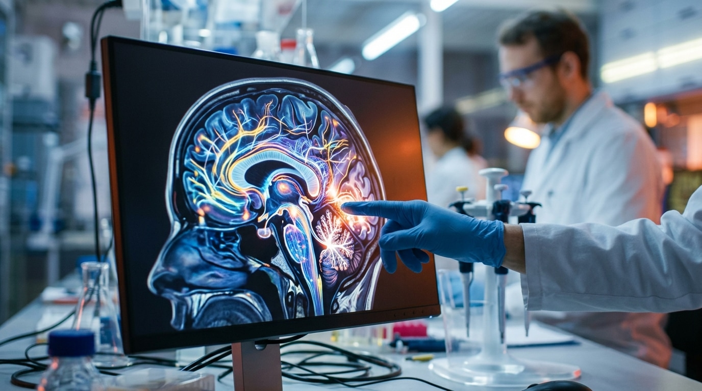 Écran de laboratoire affichant un scan cérébral lumineux