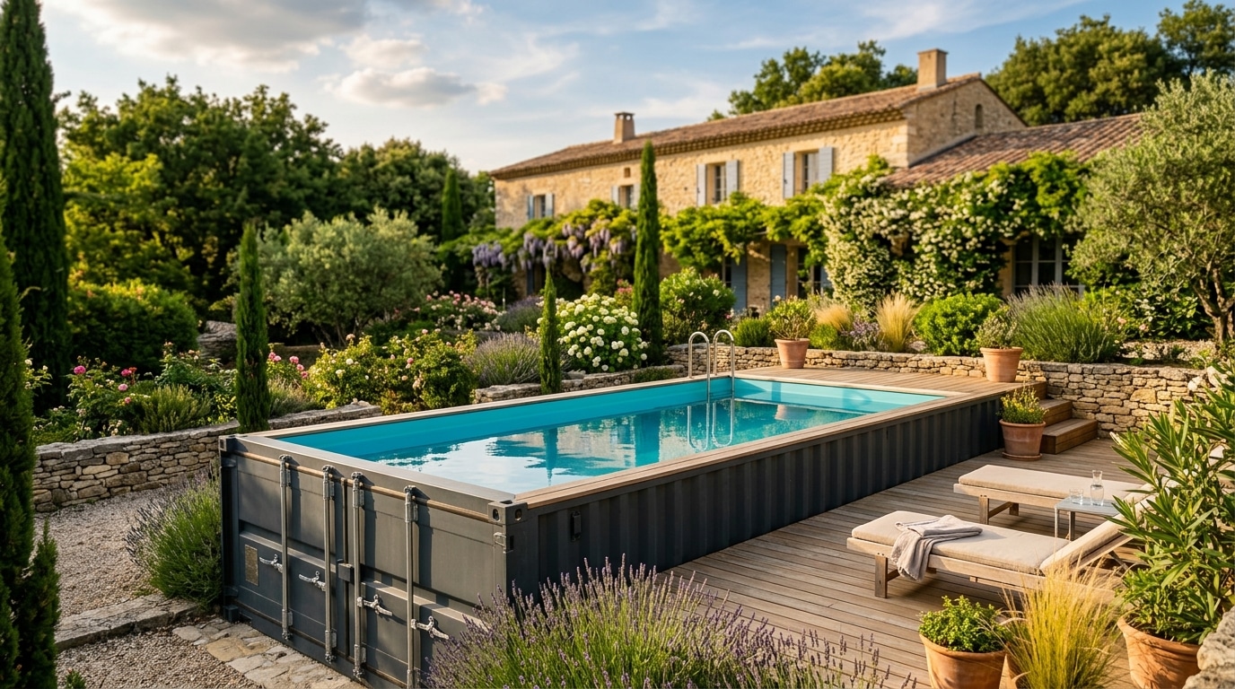 Piscine container en acier installée dans un jardin