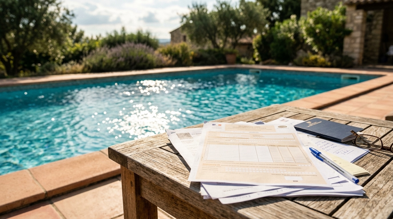 Formulaire administratif posé au bord d'une piscine