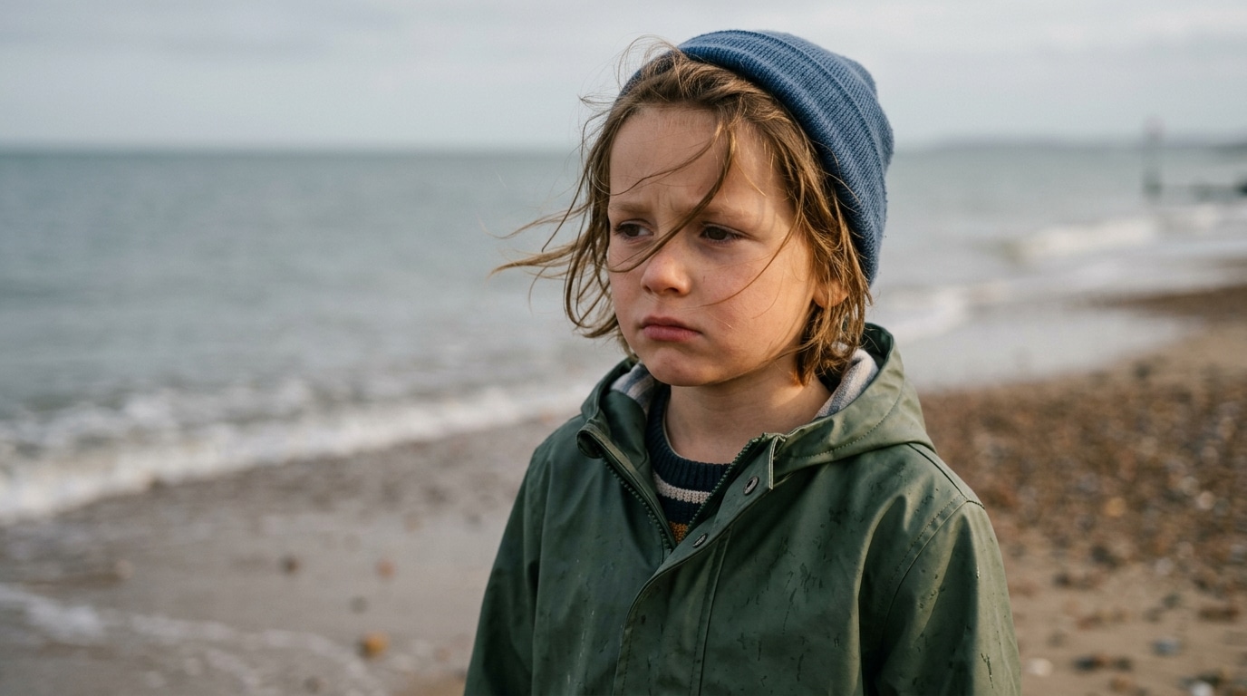 Enfant fatiguée au bord d'une plage anglaise