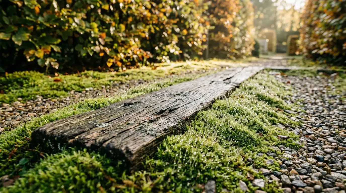Planche en bois posée sur mousse d'allée gravier
