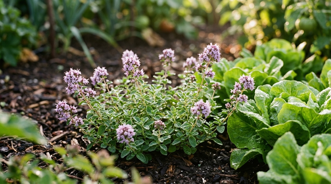 Menthe pouliot en fleur bordant un potager
