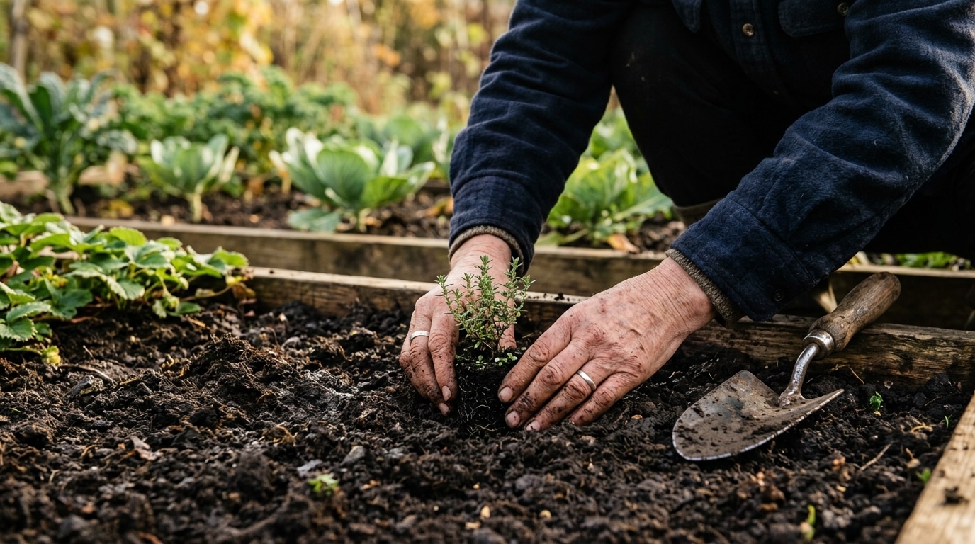 Mains plantant un jeune plant herbacé en terre