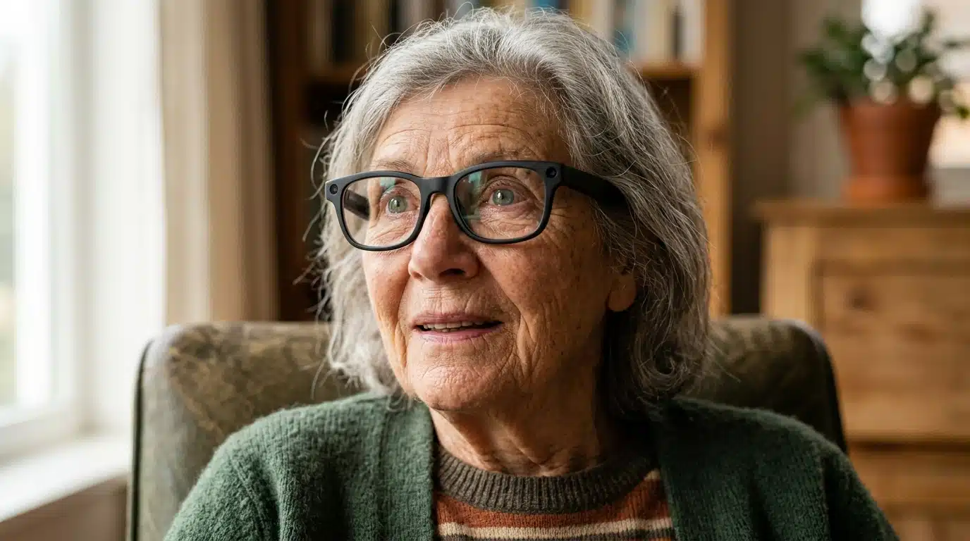 Personne âgée portant des lunettes avec caméra intégrée