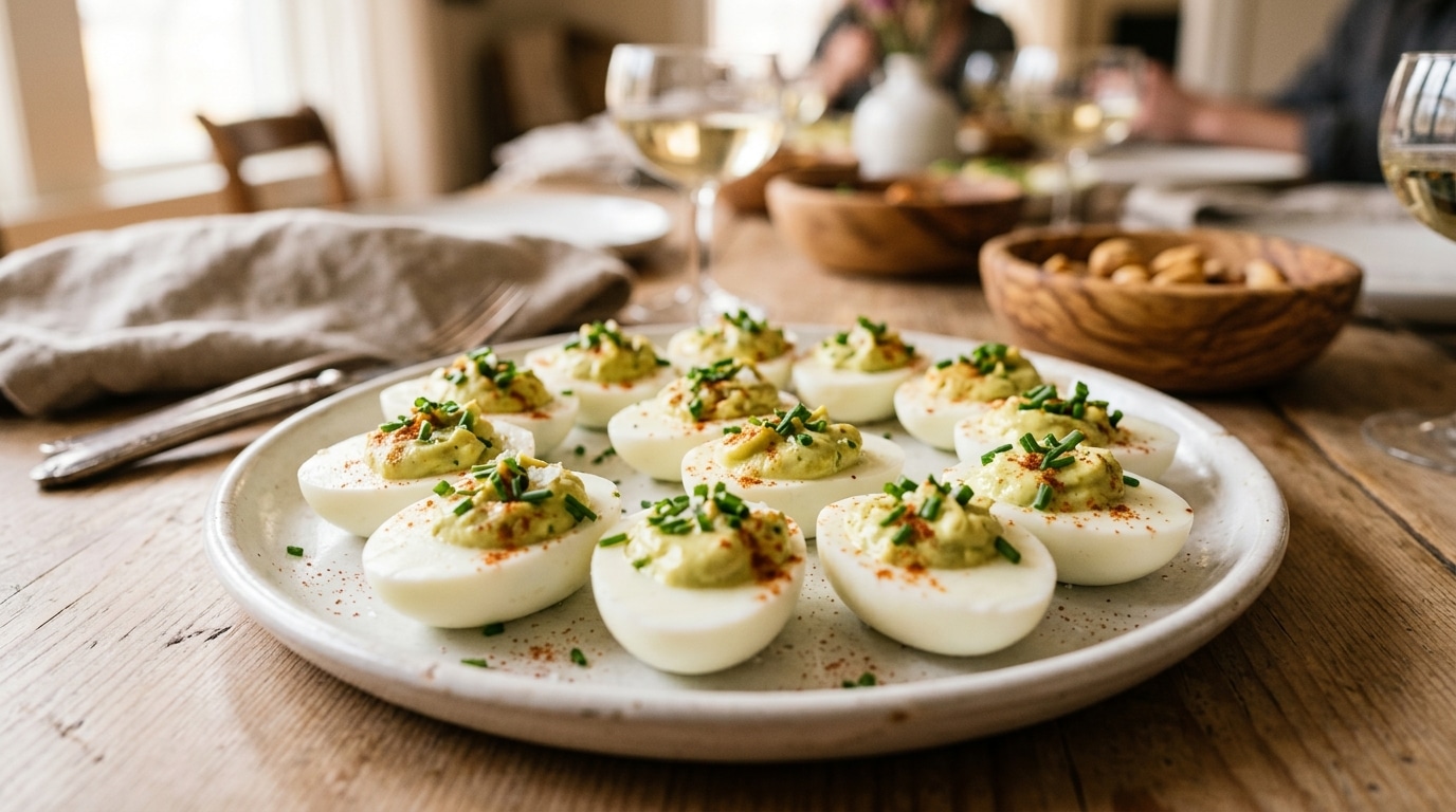 Plateau d'œufs mimosa garnis de crème d'avocat verte