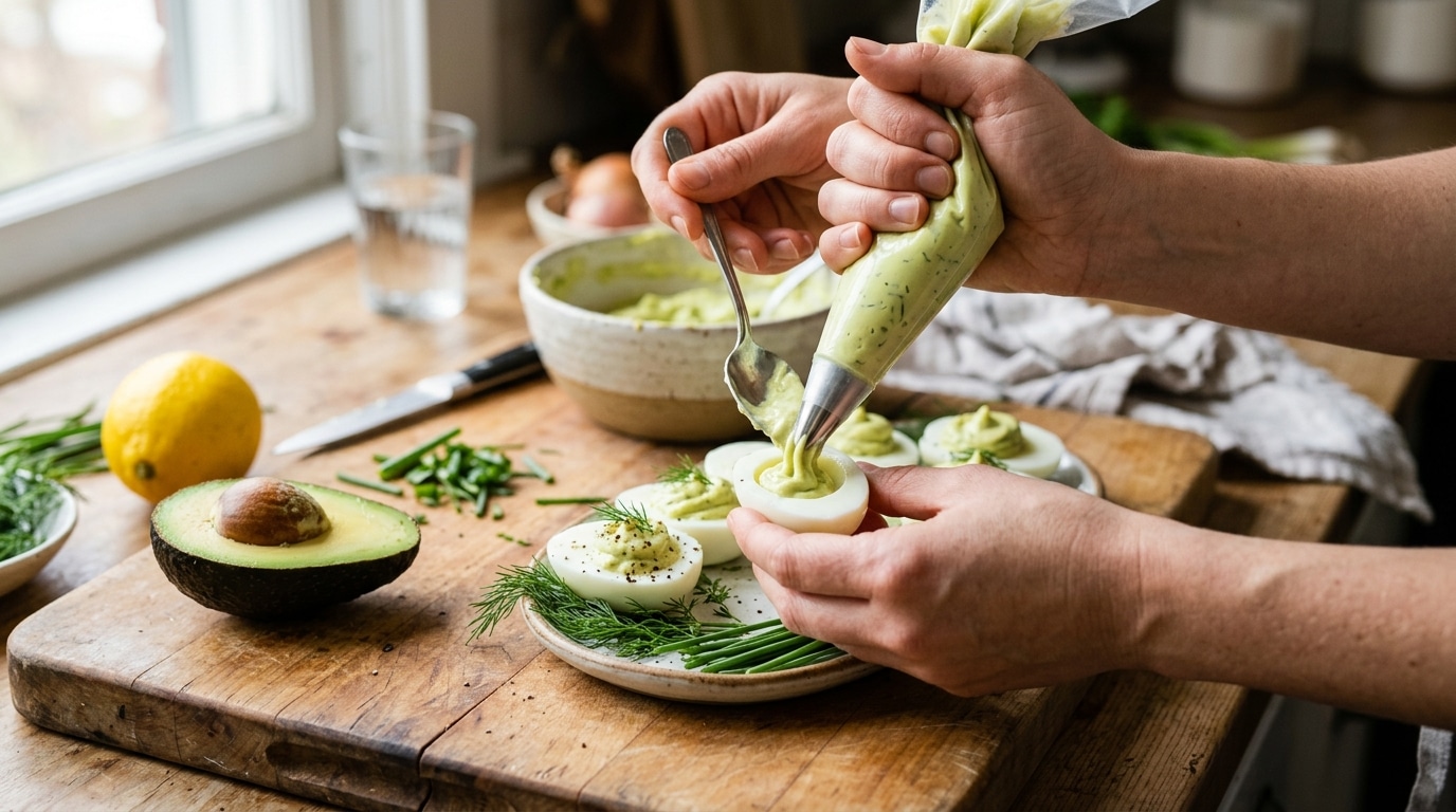 Mains garnissant des blancs d'œufs de crème d'avocat