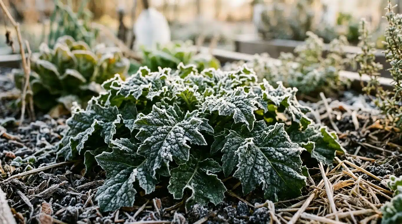 Feuilles givrées de corne-de-cerf dans un potager d'hiver