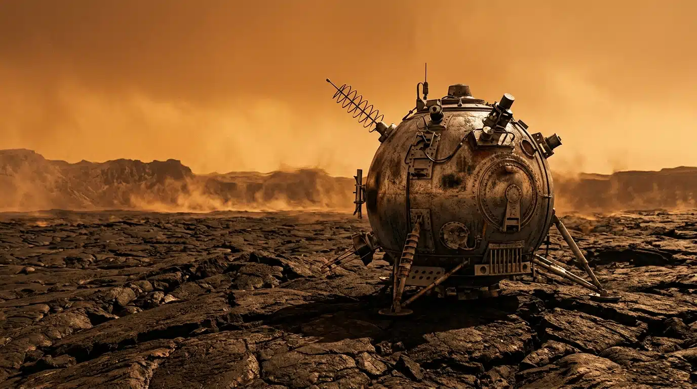 Module d'atterrissage soviétique posé sur sol volcanique orange