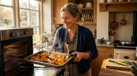 Femme sortant une courge rôtie du four