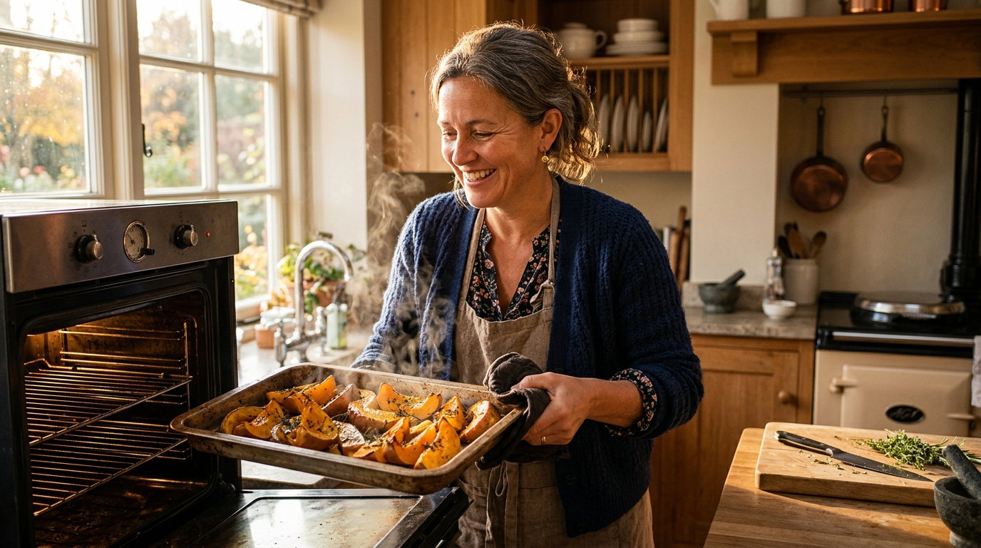 Femme sortant une courge rôtie du four