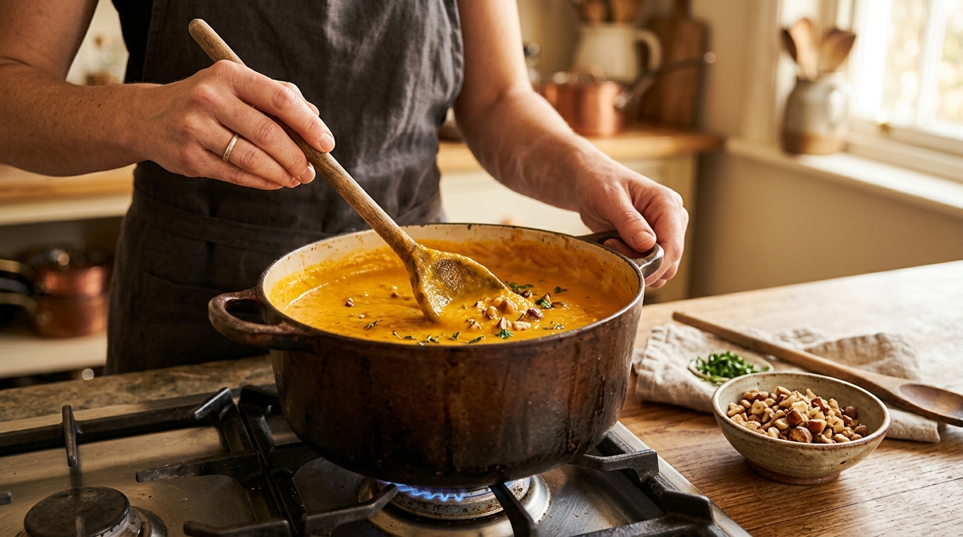 Préparation de la soupe courge châtaigne en cuisine