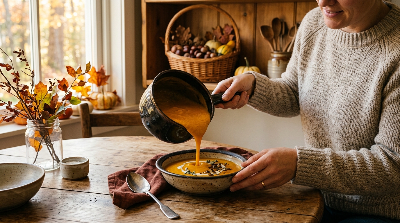 Bol de soupe de courge et châtaigne servi
