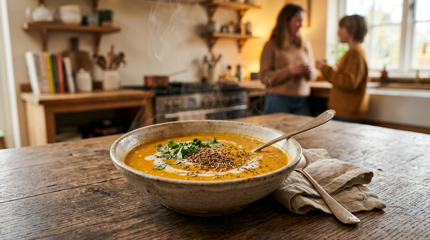 Bol de soupe courge coco au cumin fumante