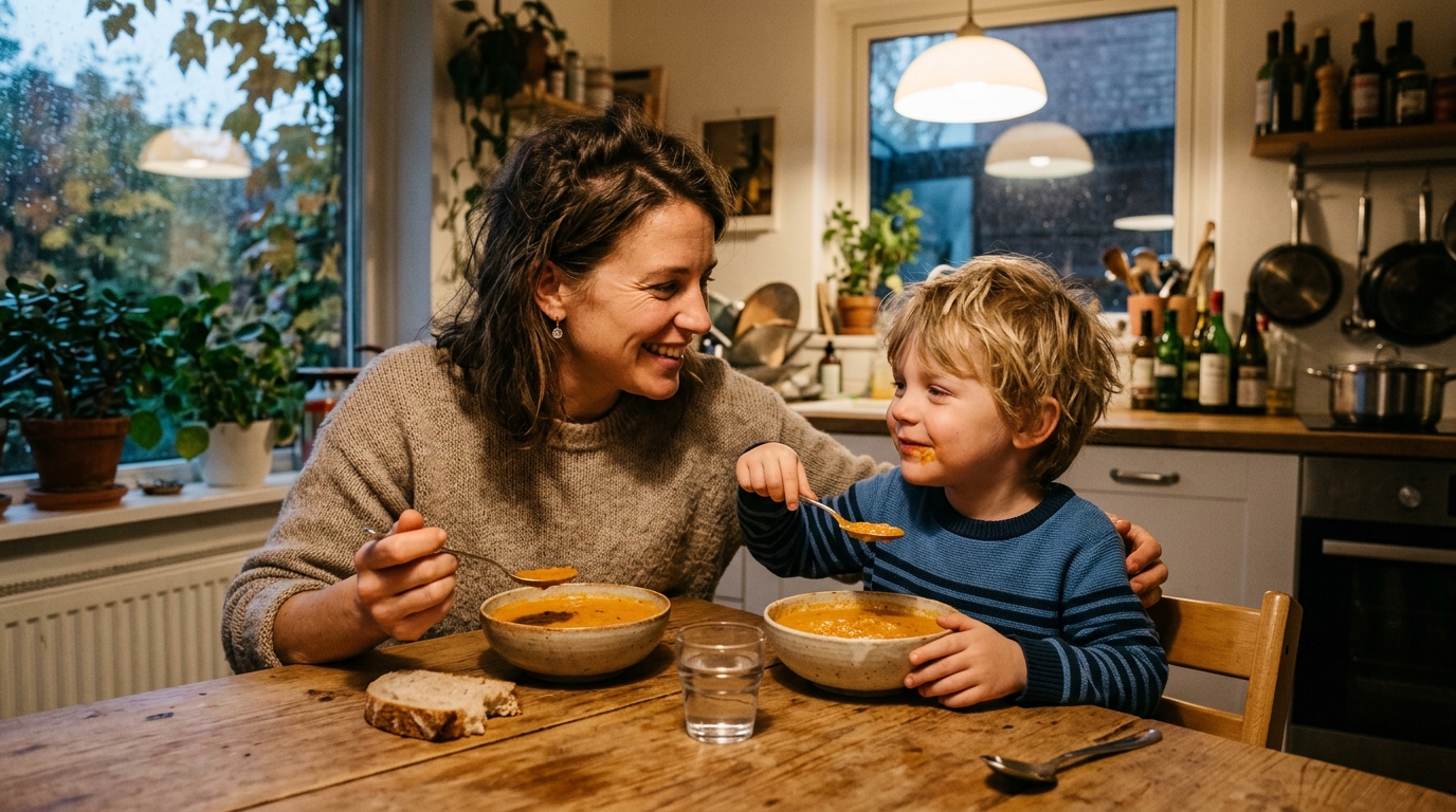 Famille dégustant la soupe de courge le soir