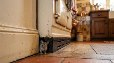 Souris grise cachée derrière un meuble de cuisine