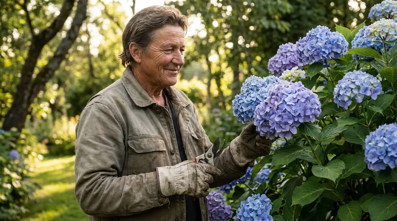Jardinier satisfait devant un massif d'hortensias fleuris
