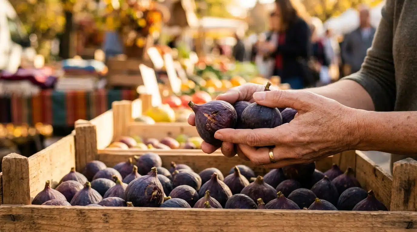 Femme choisissant des figues mûres au marché