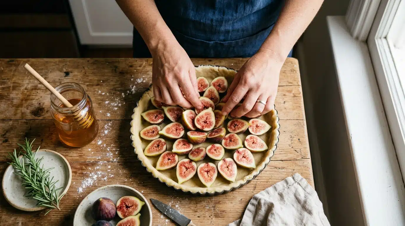Préparation d'une tarte aux figues fraîches avant cuisson