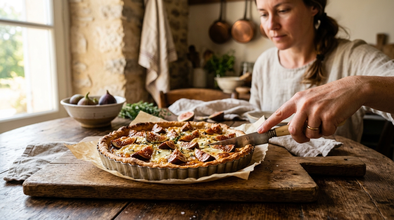Tarte aux figues et miel dorée sortant du four