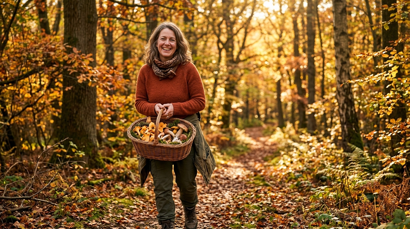 Femme tenant un panier de champignons cueillis en forêt