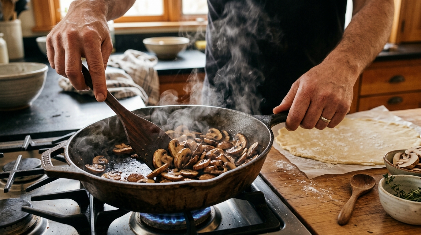 Champignons revenus à sec dans une poêle chaude