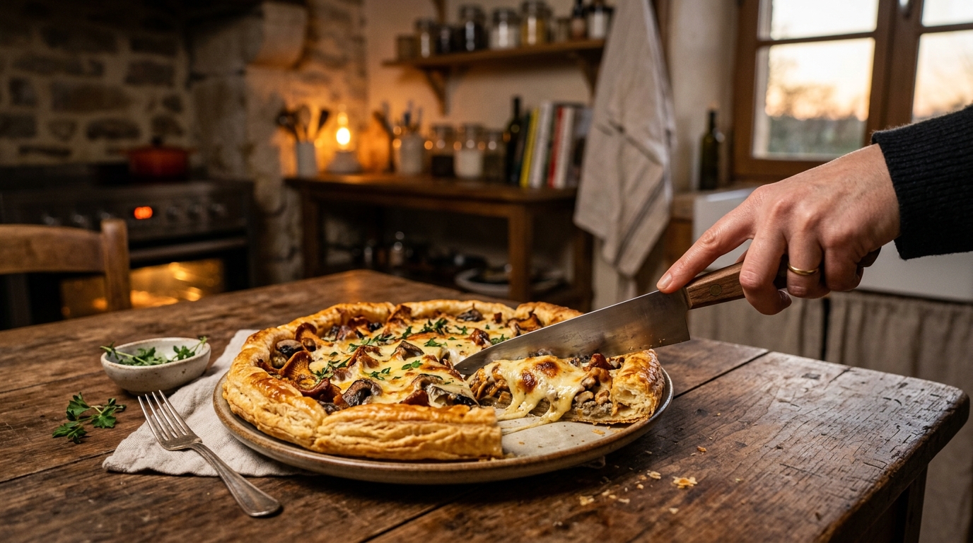 Tarte aux champignons et comté dorée sortant du four