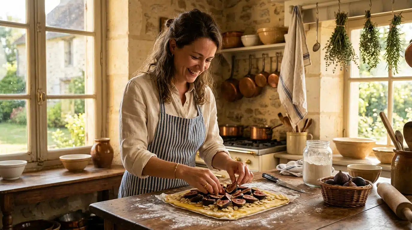 Femme préparant une tarte fine aux figues en cuisine