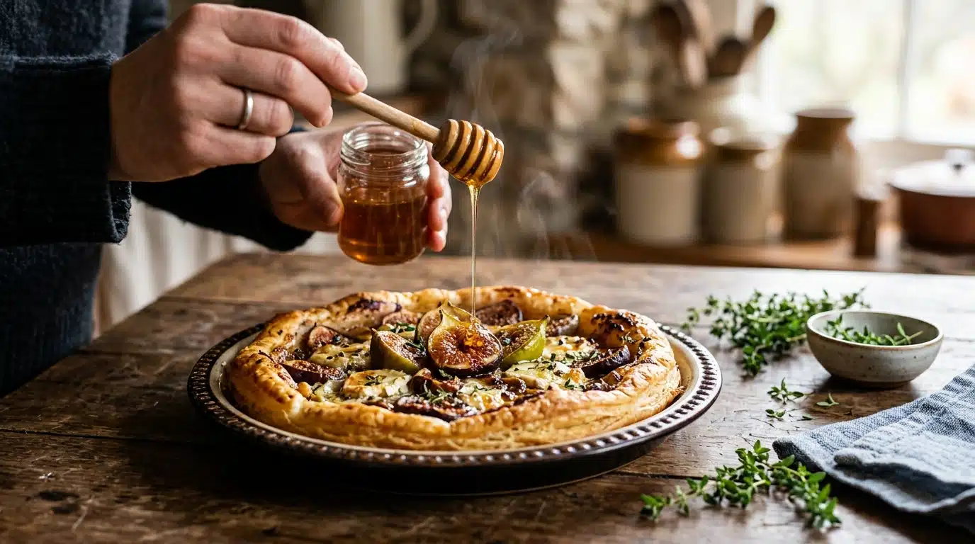 Tarte fine figues chèvre miel sortie du four