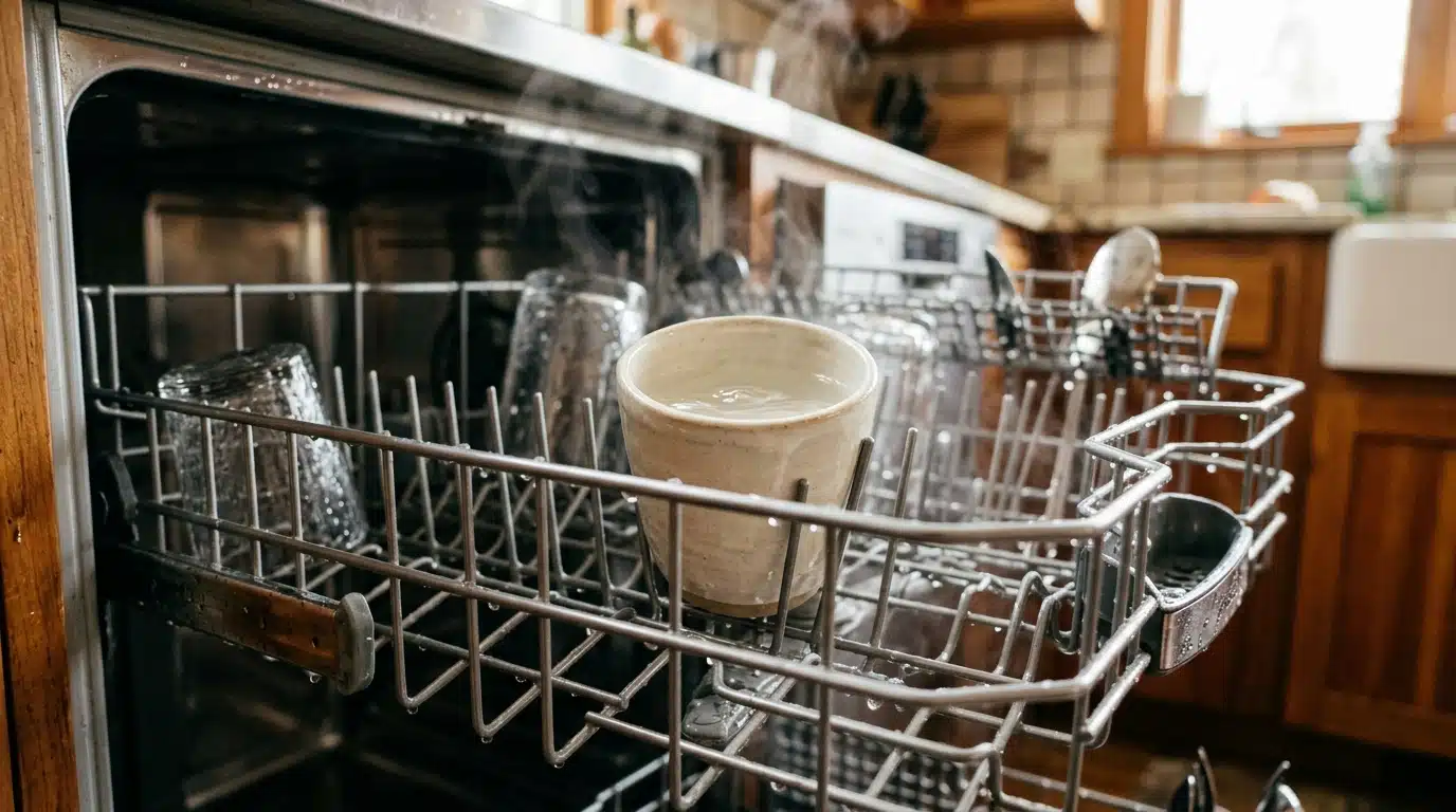 Tasse de vinaigre blanc posée dans un lave-vaisselle ouvert