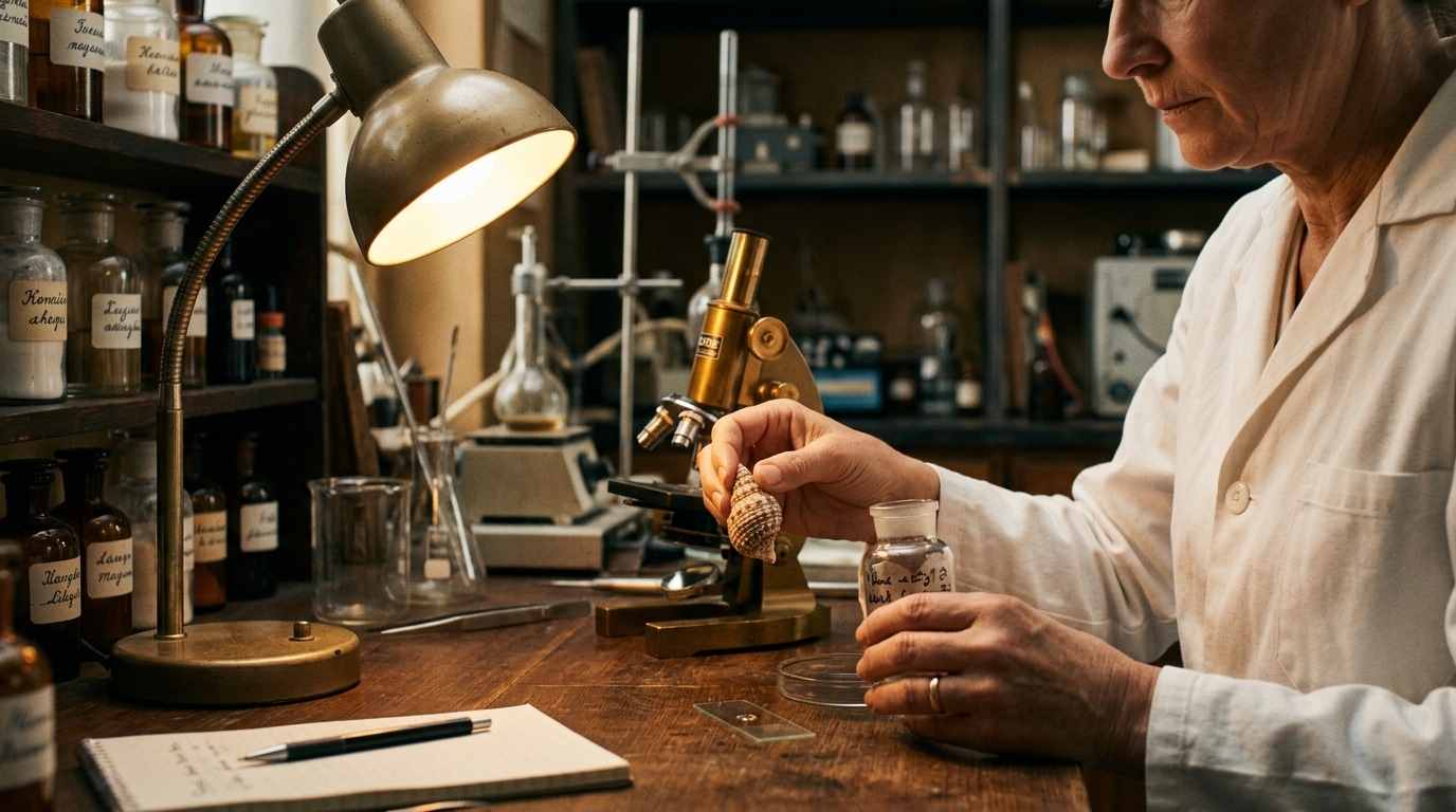 Scientifique examinant un coquillage toxique en laboratoire