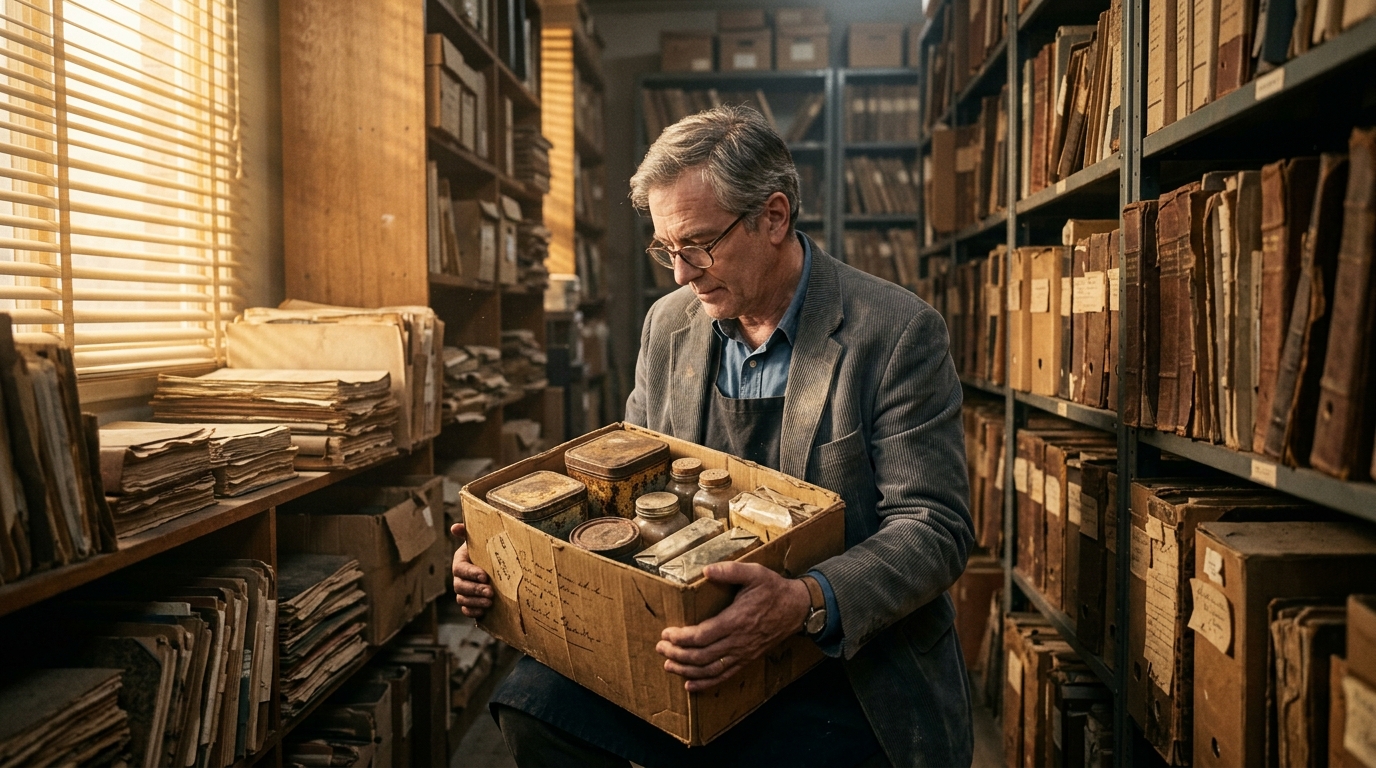 Archiviste découvrant une boîte de fioles scellées