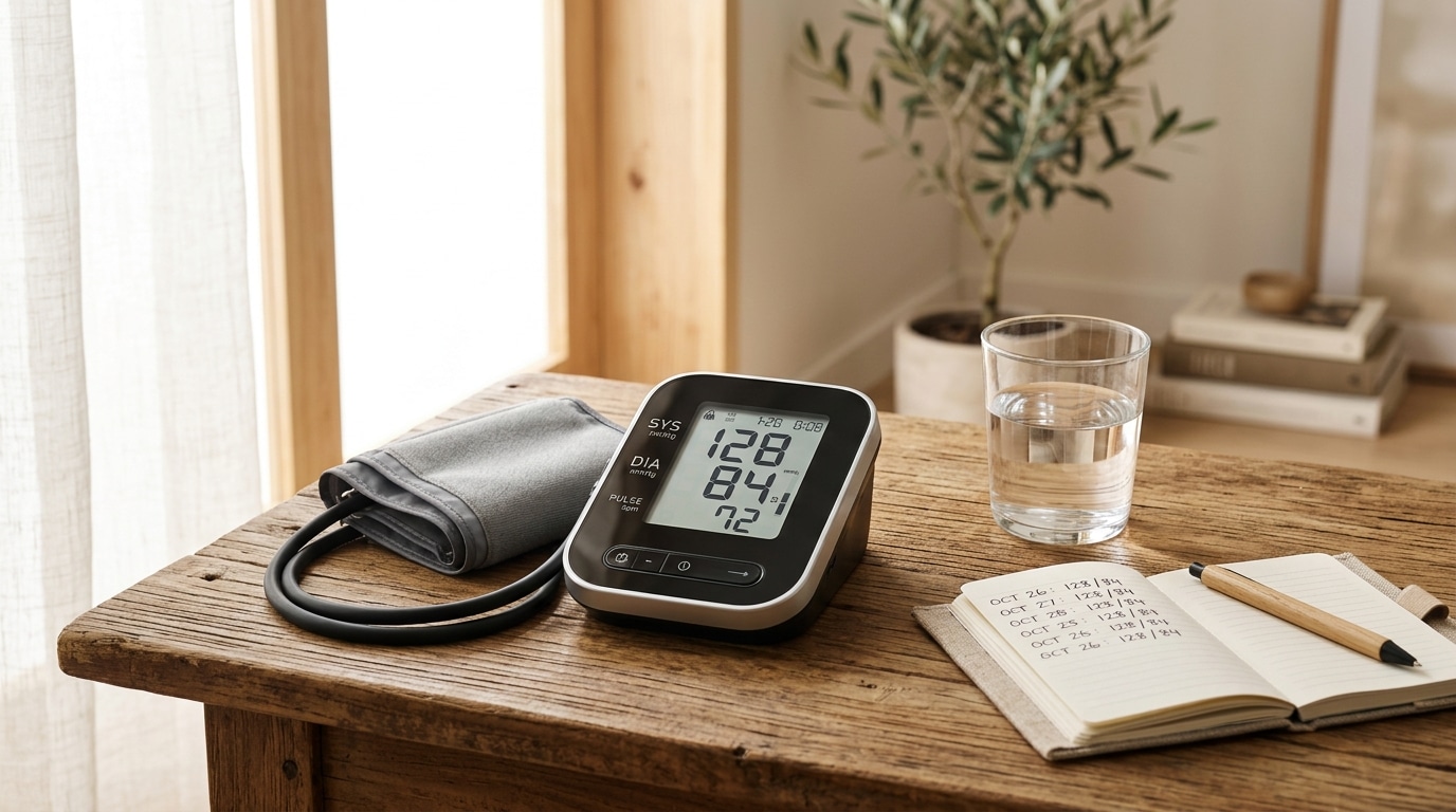 Tensiomètre électronique posé sur une table en bois