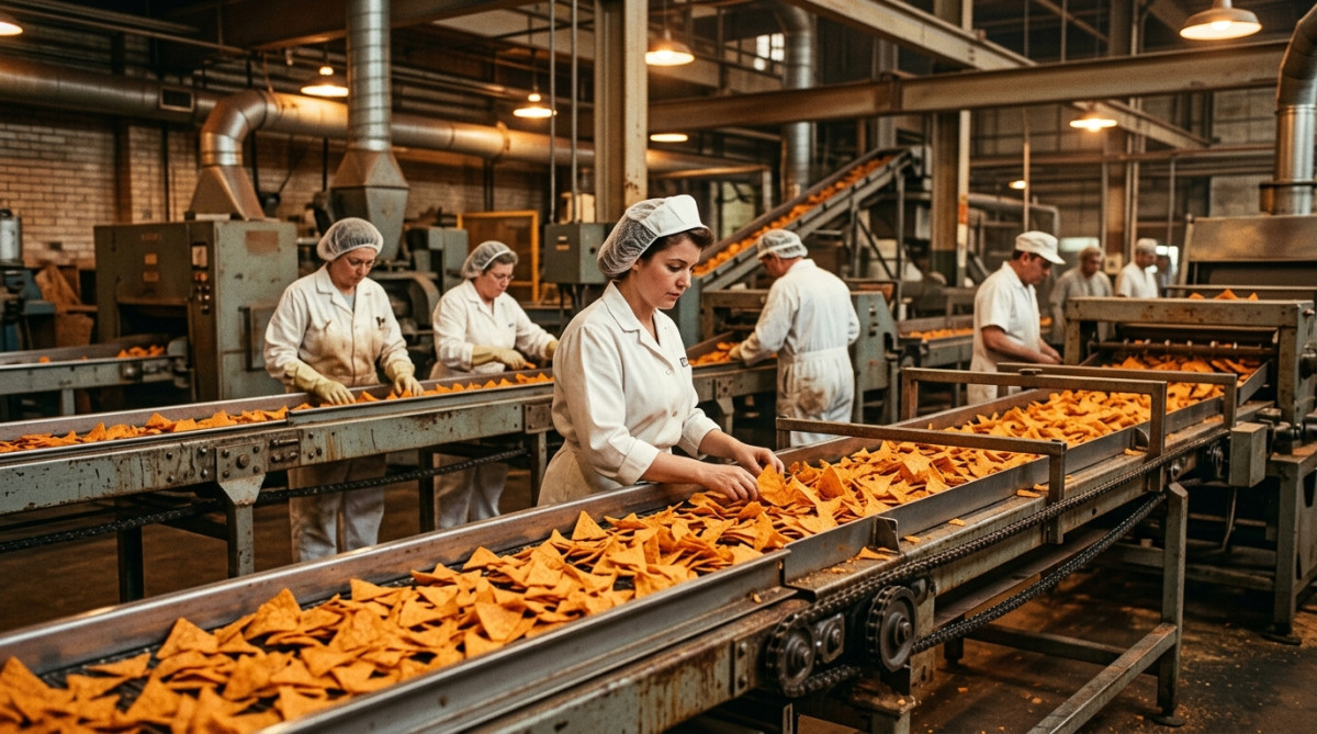 Chaîne de production de chips triangulaires dans les années 60
