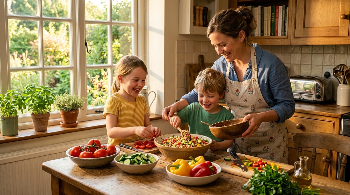 Famille préparant une salade fraîche en cuisine