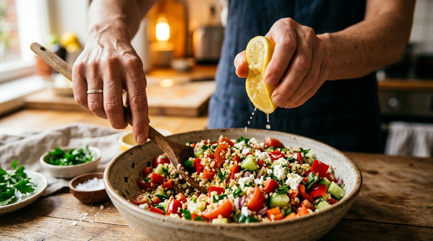Mains mélangeant une salade complète au boulgour