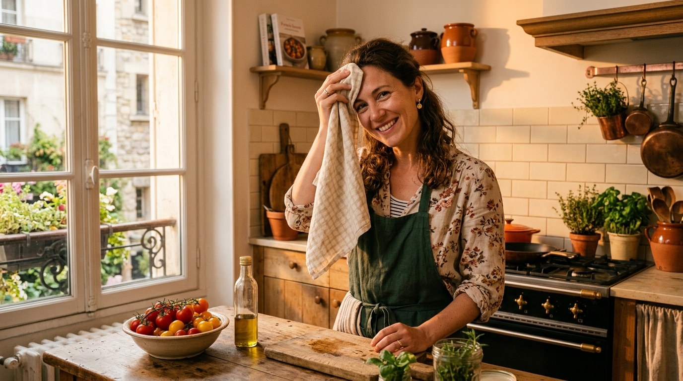 Femme souriante dans une cuisine chaude de septembre