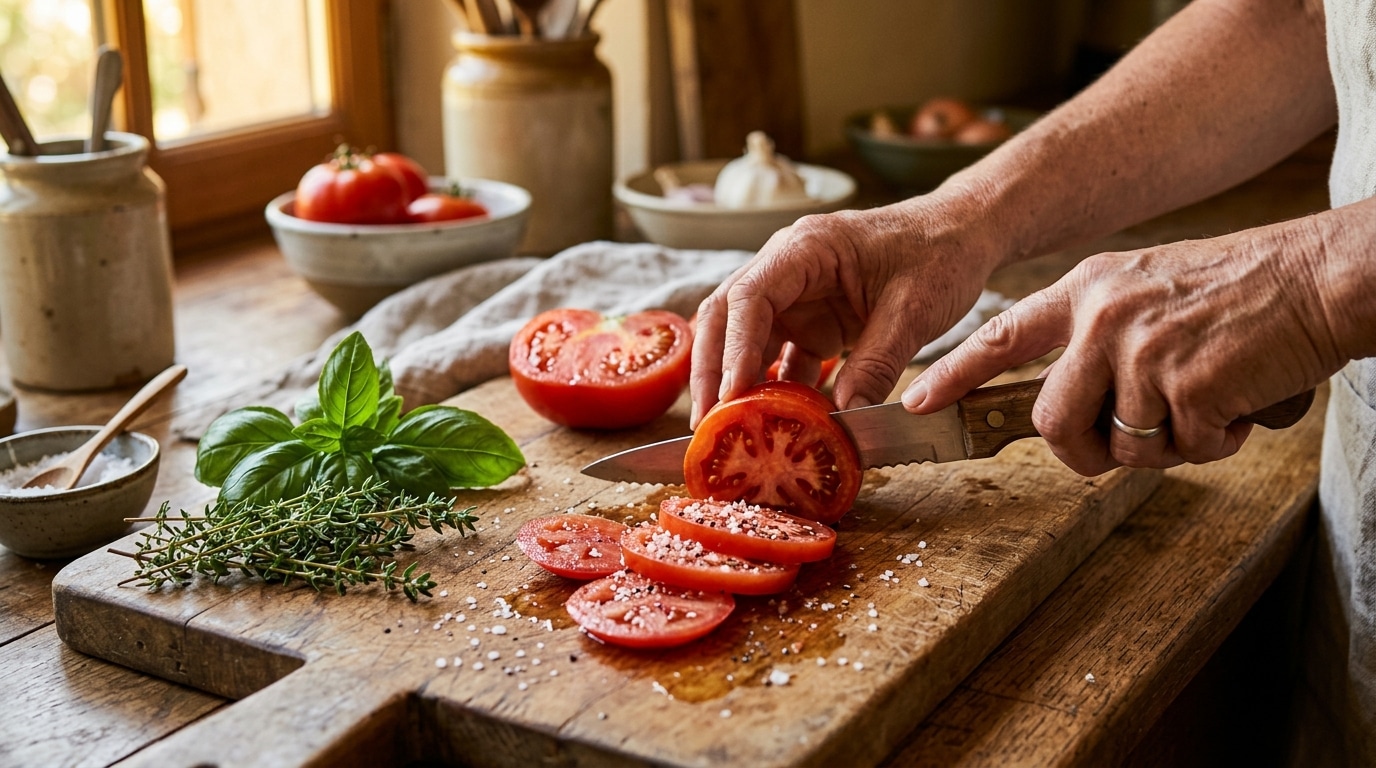 Mains tranchant des tomates fraîches sur planche en bois