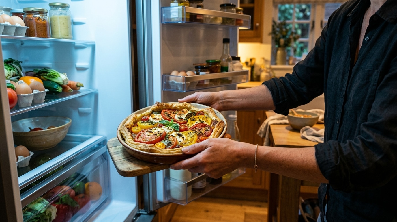 Tarte aux tomates placée au réfrigérateur pour reposer