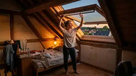 Femme ouvrant une fenêtre de toit sous les combles au coucher du soleil