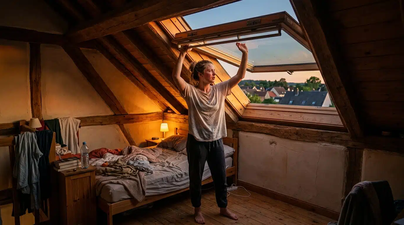 Femme ouvrant une fenêtre de toit sous les combles au coucher du soleil