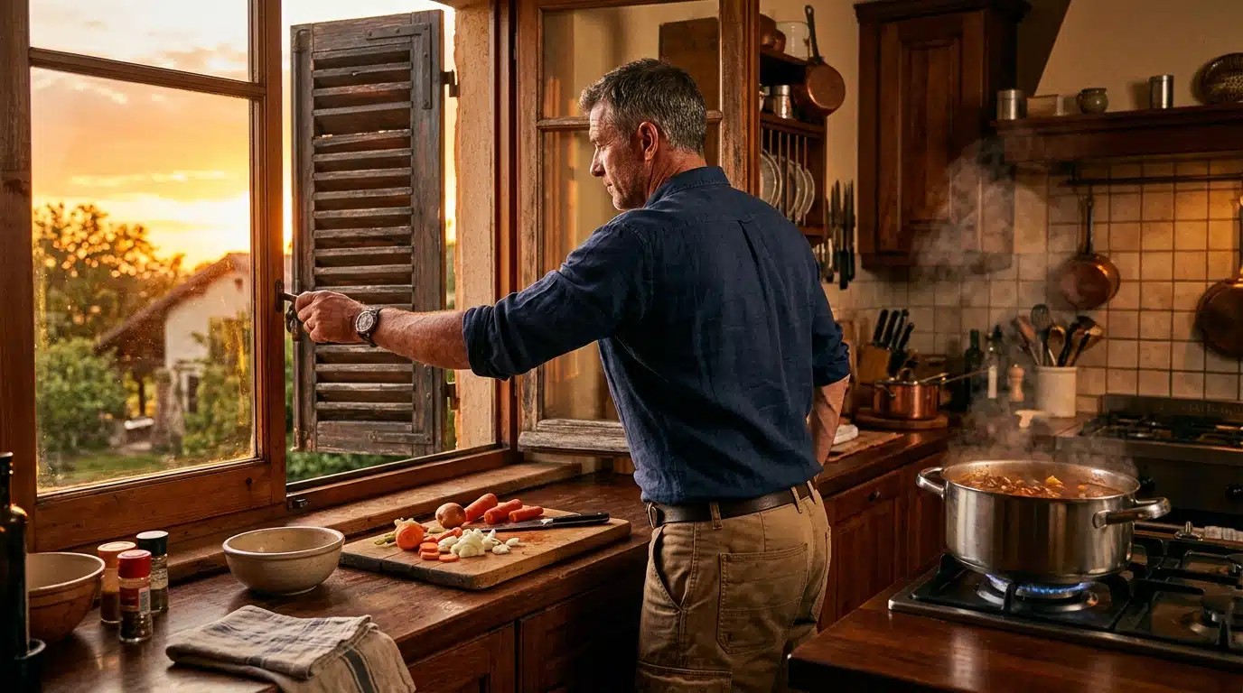 Homme fermant un volet extérieur dans une cuisine exposée ouest
