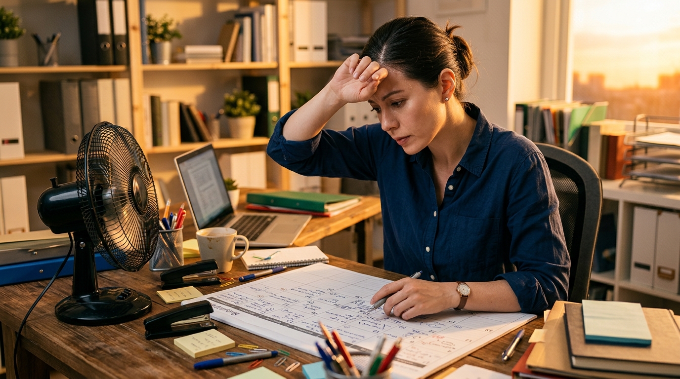 Femme perfectionniste débordée essayant de s'organiser malgré la chaleur