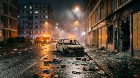 Véhicule calciné dans une rue après des émeutes nocturnes